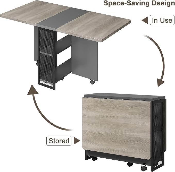 IDEALHOUSE FoldingTable, Drop Leaf Dining Table with 6 Wheels and 2-Layer Storage Shelf, Space Saving Table for Small Spaces (Slate Oak, 50.1" D x 31.4" W x 29.5" H) - Image 6