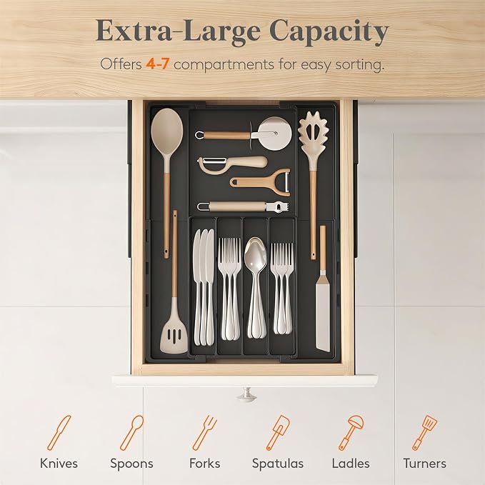 Lifewit Silverware Drawer Organizer, Expandable Utensil Tray for Kitchen | BPA Free Adjustable Flatware and Cutlery Holder, Plastic Storage for Spoons Forks Knives, 8.9-14.2 x 11.3-19.4 x 1.7, Black - Image 3