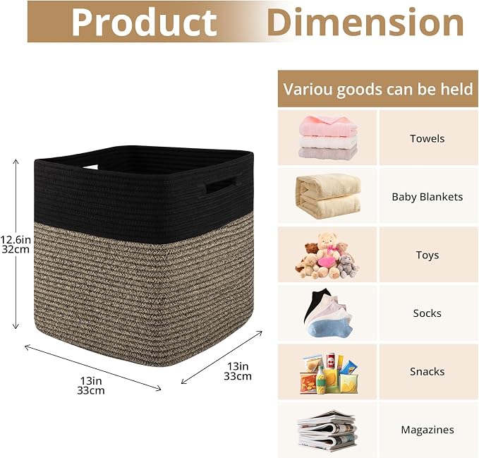 OIAHOMY 13 Inch Cube Storage Bins, 3-Pack Cotton Rope Woven Baskets for Organizing, Insert Storage Baskets for Shelves, Baby Nursery, Closet Organizer, 13 * 13 * 12.6IN, Black & Mixed Brown - Image 2