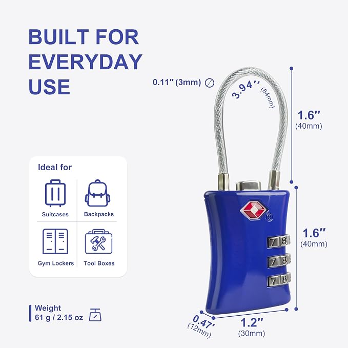 Suitcase Locks TSA Approved, Small Padlock Combination, TSA Locks for Luggage, Combo Travel Padlock with Code for Backpack, Gym Locker, Ammo Can (Black+Blue) - Image 5