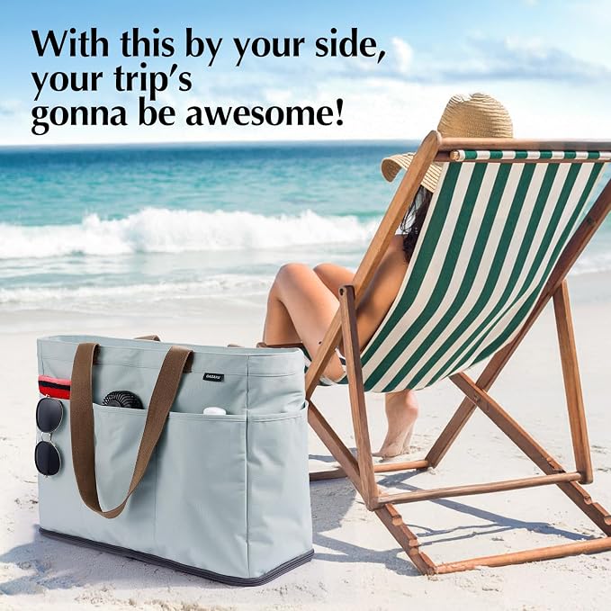 GAGAKU XL Beach Bag with Zipper & Cooler Pockets | Sand-Proof Foldable Large Tote Bag for Cruise, Travel, Family, Women - Image 7