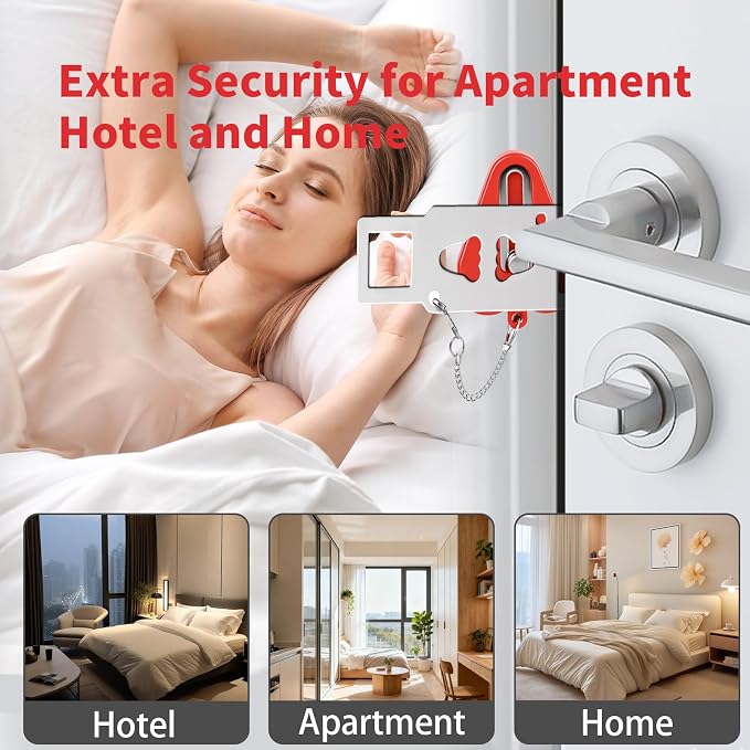 Portable Door Lock & Door Stop Alarm Set, Dual Protection Home Security Door Kit, Travel Hotel Lock Devices Pocket Self Defensey Tools for Traveling Hotel Home Apartment,Red - Image 8