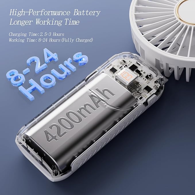 GOCKERA Portable Fan, 4200mAh Battery Operated Fan, 5 Speeds&Digital Display, Makeup Fans for Women with Base, 180°Foldable 3in1 Handheld/Neck/Desk Fan for Outdoor Indoor,Ultra Quiet (White) - Image 3