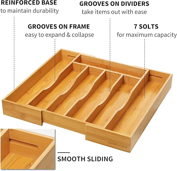 2-Piece Bamboo Silverware Organizer, Expandable Kitchen Drawer Organizer for Cutlery and Utensils, Multifunction Adjustable Bamboo Wood Cutlery Tray in Drawer for Flatware, (Natural) - Image 5