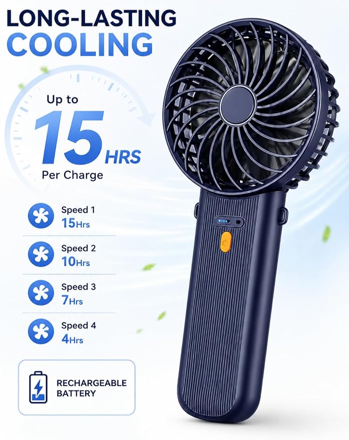 Portable Mini Fan, Quiet Foldable Fan with Lanyard (Navy Blue) | 4 Speeds, 15H Rechargeable Battery, Portable Pan for Travel, Home, Office, Outdoor, Makeup, Women, Men, Navy Blue - Image 5