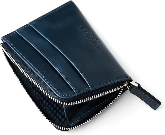 RFID Blocking Zipper Wallet, Slim Business Card Holder, Men & Women, Handcrafted Full-Grain Leather, Gift Box & Pouch, Christmas & Birthday, Navy Blue - Image 4
