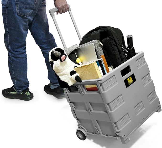 MaxWorks Collapsible Rolling Utility Cart with Lid 80 lb Capacity Folding Dolly with Telescoping Handle Heavy Duty Plastic Crate on Wheels for Shopping Office and Teachers (50876) - Image 2