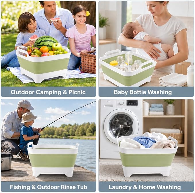 2.4 Gal(9L) Collapsible Dish Basin with Drain Plug, Space Saving Outdoor Multiuse Foldable Sink Tub, Dishpan, Kitchen Storage Tray for Camping, Vegetable Washing, RV (Green) - Image 7