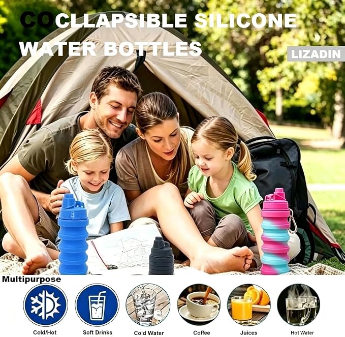 Collapsible Water Bottles 2Pack,17OZ Silicone Bottle (CamoBR) | 500ml Reusable silicone Collapsible Water Bottles for Traveling with Carabiner,Leak-Proof ,BFA -Free ,Sport Camping Hiking - Image 4