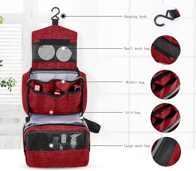 Travel toilet bag is used to store toiletries, Suitable for short-term travel use hanging toilet bag (Burgundy) - Image 4