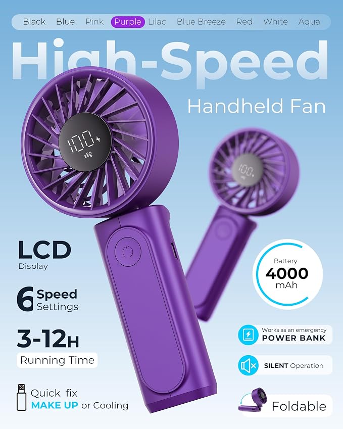 Peiyuu Portable Handheld Fan, 4000mAh, USB Rechargeable 180° Foldable Mini Desk Fan, 6 Wind Speed, LCD Digital Display, Lanyard as Neck Fan, Ultra Quiet, Pocket Size for Indoor Outdoor - Image 2