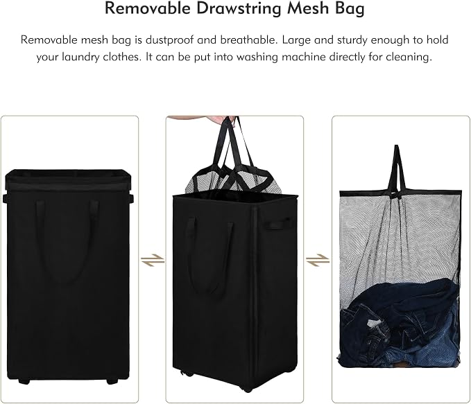 DOKEHOM 90L X-Large Rolling Laundry Basket Hamper on Wheels, Black | Collapsible clothes hamper with removable mesh wash bag. High-capacity foldable washing bin organizer - Image 8