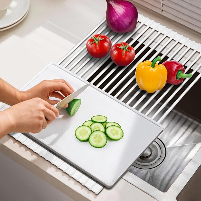 HANZENMA Roll Up Dish Drying Rack Over The Sink Kitchen Roll Up Sink Drying Rack Multipurpose Foldable Sink Drying Mat, Heat-Resistant, Anti-Slip & Anti-Rust Dish Rack for Kitchen, 20.5" x 13", White - Image 4
