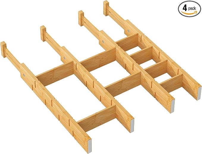 kiplant Kitchen Drawer Dividers - Adjustable Drawer Organizer for Clothes, Kitchen, Closet & Office - 4 Pack with Inserts, 18-22.6 Inches, Non-Slip Silicone Ends by kiplant
