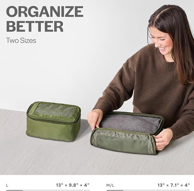 Compression Packing Cubes for Travel, 2-Pack, Olive | Solves overpacking, 2-Piece set fits most carry-ons, 50% Space savings, Compression luggage organizer bags - Image 3