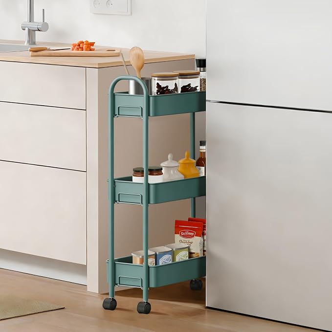 Slim Rolling Cart, Metal Frame Utility Rolling 3-Tier Narrow Storage Cart | Kitchen Storage Organizer, Mobile Shelving Unit for Bathroom Kitchen - Image 3