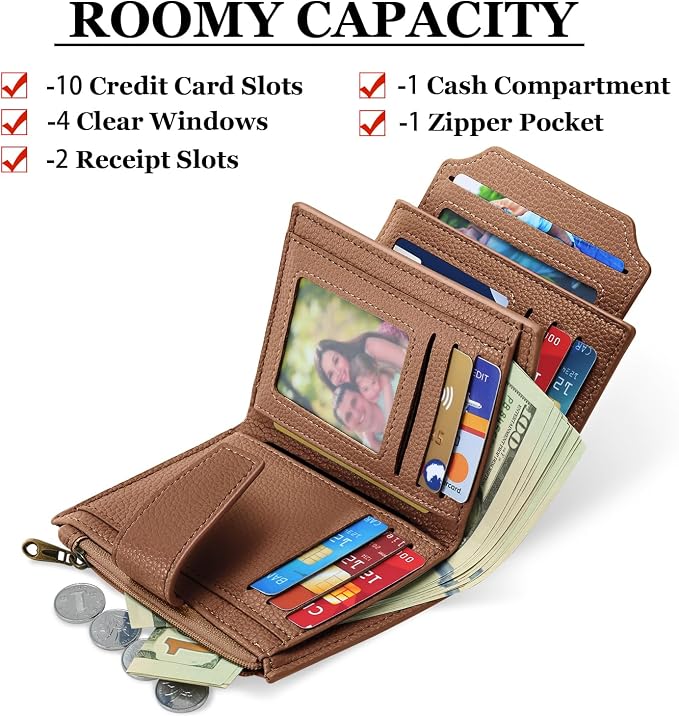 Small Wallet Women RFID Blocking Soft Leather Bifold Compact Card Holder Wallet for Women with Zipper Coin Pocket 4 ID Window - Image 2