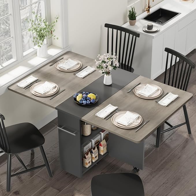 IDEALHOUSE FoldingTable, Drop Leaf Dining Table with 6 Wheels and 2-Layer Storage Shelf, Space Saving Table for Small Spaces (Slate Oak, 47.2" D x 23.6" W x 29.5" H) - Image 4