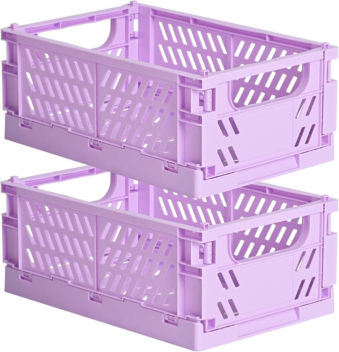 HUUSMOT 2-Pack Collapsible Plastic Storage Baskets, Purple, 9.8"x6.5"x3.8" | Pastel, Space-Saving, Collapsible Plastic Bins, Cute Mini Storage Crates, for Classroom, Kitchen, Office, Bedroom by HUUSMOT