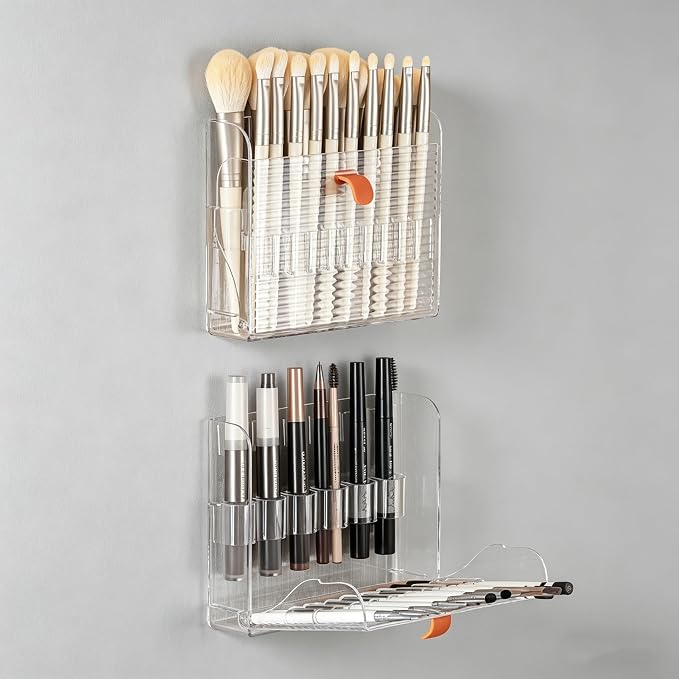 Foldable Adhesive Makeup Brush Holder, 16-Slot Clear Acrylic Organizer with Dual-Row Snap Buckle, Slim No-Drill Design for Medicine Cabinet & Vanity - Image 3