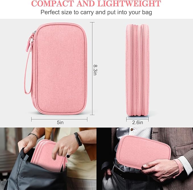 FYY Electronic Organizer, Travel Tech Pouch Bag, Medium, Pink | Wrist Strap, Waterproof, Double Layers Portable Electronics Travel Carrying Case for Cord, Charger, Daily Business Trips Use - Image 2