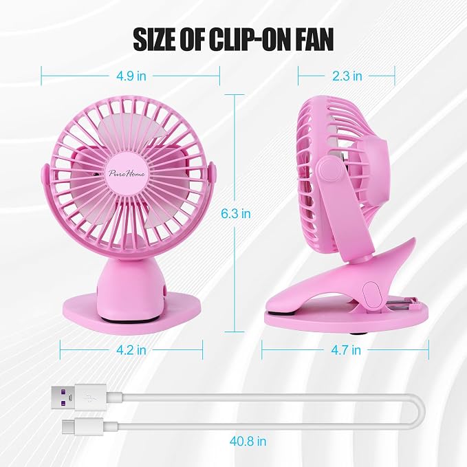 PureHome Portable Clip Fan Battery Operated,3 Speeds USB Rechargeable Mini Table Fan with Strong Airflow,360°Rotation Ultra Quiet Personal Desk Fan for Home Office Bedroom Dorm Stroller Camping- Pink - Image 7
