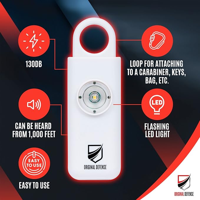 Original Defense® Siren Self-Defense Alarm - 130 dB Keychain Alarm with LED Strobe Light for Women, Children, and Elderly - Police Recommended - (White, 1 Count) - Image 2
