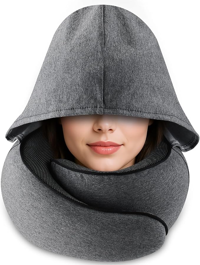 Travel Pillow with Hood (Dark Gray) - for Airplane Travel and Car Ride Nap, Foldable Hood, Slow-Rebound Memory Foam, 360 Ergonomic Design, Compact and Portable in Travel Bag - Image 2