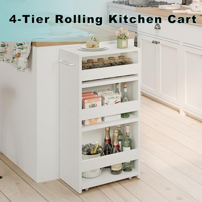 MARTY Slim Rolling Storage Cart, Wood Utility Kitchen Bathroom Laundry Cart | 4 Tier Kitchen Cart with Wheels Handle, Laundry Room Organization Between Washer and Dryer, Narrow Storage Cabinet, 8” Wide - Image 5
