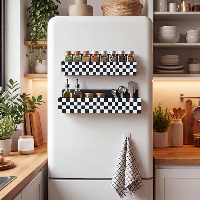 Beeveer 2 Pcs Magnetic Spice Rack for Refrigerator, Checkered | Black and White, Farmhouse Retro Kitchen Decor Accessories, 2 Sizes Metal Storage Shelf for Fridge Spices, No Drilling. - Image 7