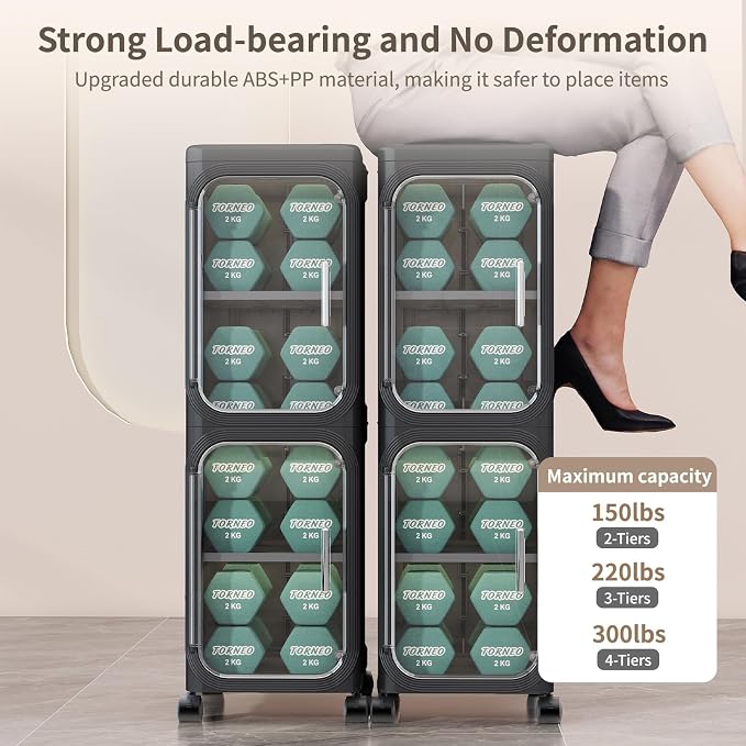 4 Tier Slim Bathroom Storage Cabinet, Foldable and Movable, Black | Tools Free, ABS and PET, Magnetic Clear Door, Adjustable Shelves, Lockable Wheels, Water Resistant, For Narrow Space - Image 6