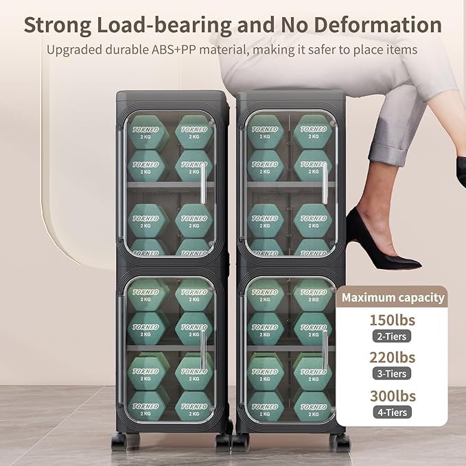 2 Tier Slim Bathroom Storage Cabinet, Foldable and Movable, Black | Tools Free, ABS and PET, Magnetic Clear Door, Adjustable Shelves, Lockable Wheels, Water Resistant, For Narrow Space - Image 6