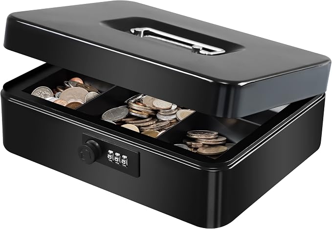KYODOLED Large Cash Box with Combination Lock Safe Metal Money Box with Money Tray for Security Lock Box 9.84"x 7.87"x 3.54" Black - Image 9