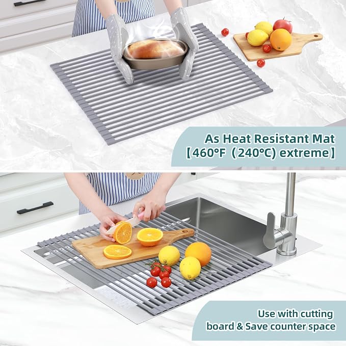 Ohuhu Sink Drying Rack, 20.5" W x 16.1" L Over The Sink Roll-Up Dish Drainer - Rolling Foldable Sink Accessories Heat-Resistant Mat Anti-Slip Silicone Coated Multipurpose for Kitchen Counter - Image 3