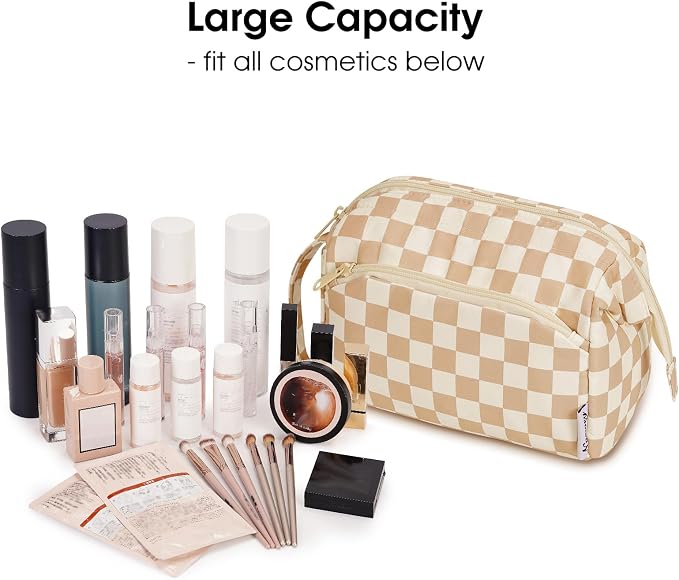 Narwey Large Checkered Makeup Bag Women Wide-open Make up Bag Travel Cosmetic Bag Organizer Toiletry Bag for Cosmetics Toiletries Accessories (Light Checkerboard) - Image 3