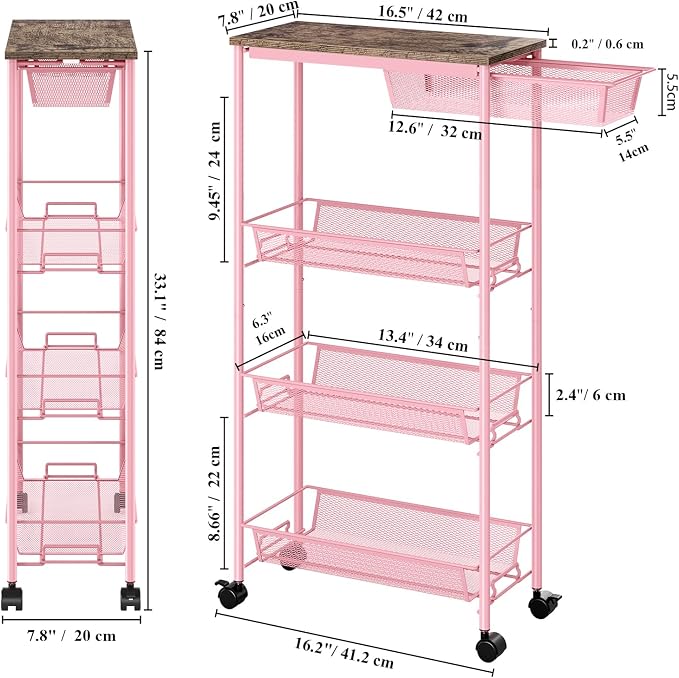 KINGRACK 4-Tier Slim Storage Cart, Metal Rolling Cart, Organizer with Wooden Tabletop and Drawer Basket, Mobile Shelving Unit for Kitchen, Bathroom, Laundry Room, Pink - Image 2