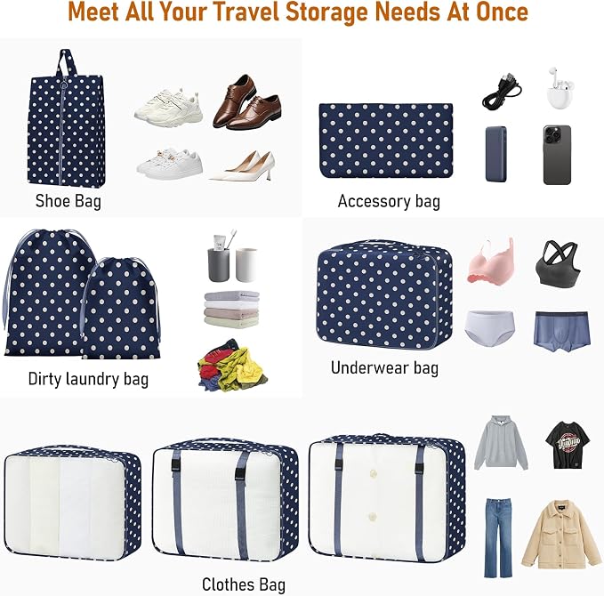 Packing Cubes for Travel - 8 Set Luggage Organizer Bags for Family, Mesh Breathable Packing Cubes for Suitcases Durable Travel Essentials Bags Set (Polka Dots) - Image 5