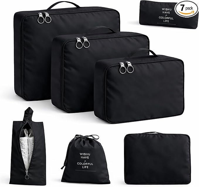 7 Set Packing Cubes For Travel | Luggage Organizer Bags With Shoe, Laundry Bag, Accessory Pouch And Lingerie Bag | Durable And Space Saving Suitcase Organizer For Travel Essentials | Black by FUNSTITUTION
