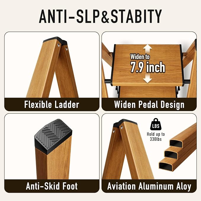 Mayi Plus 3 Step Stool Foldable, Aluminum, Lightweight Step Ladder | Extra-wide anti-slip folding steps with 330 lbs, for home,kitchen,office,outdoor,Woodgrain - Image 2