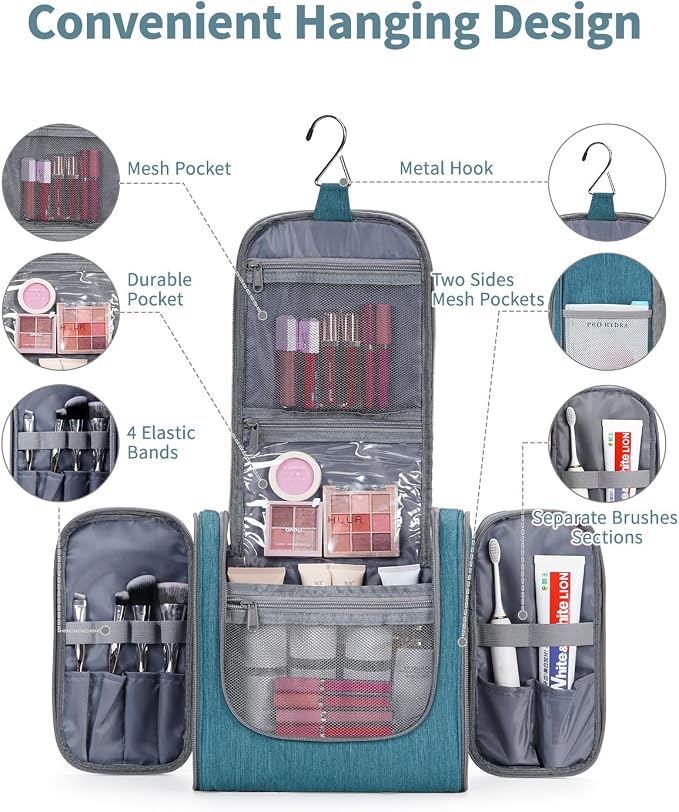 Narwey Hanging Toiletry Bag for Women Travel Makeup Bag Organizer Toiletries Bag Men for Cosmetics Essentials Accessories (Large, Teal) - Image 2