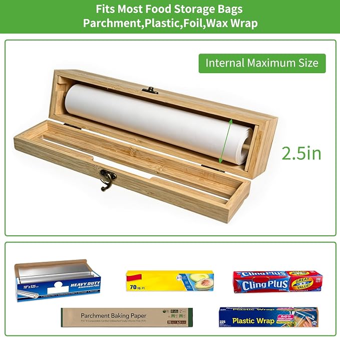 MSJGA Magnetic Plastic Wrap Dispenser with Cutter for Drawer & Refrigerator | Fridge Bamboo Organizer for Tin Foil, Baking Paper, Wax Paper Holder Kitchen Storage Box Compatible,13" x 8.2" x 2.7" - Image 5