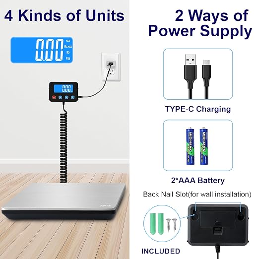 TIPRE Shipping Scale 440lbs for Packages, Heavy Duty Digital Postal Scale with LCD Display 0.35 oz High Precision Express Scale with Type-C Charging & Batteries Smart Hold/Tare for Small Business Home - Image 7