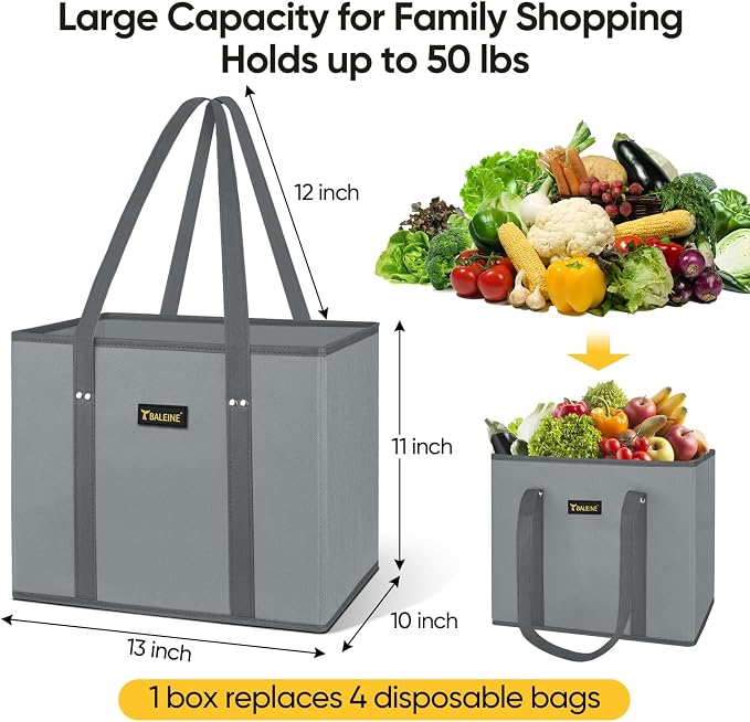 BALEINE 1PK Reusable Grocery Bags, Heavy Duty Shopping Tote Bag | 12'' Long Handles, Reinforced Bottom Keeps Upright, Fold Flat Storage, Water-Resistant Shopping Bag, Multiple Color Options - Image 4