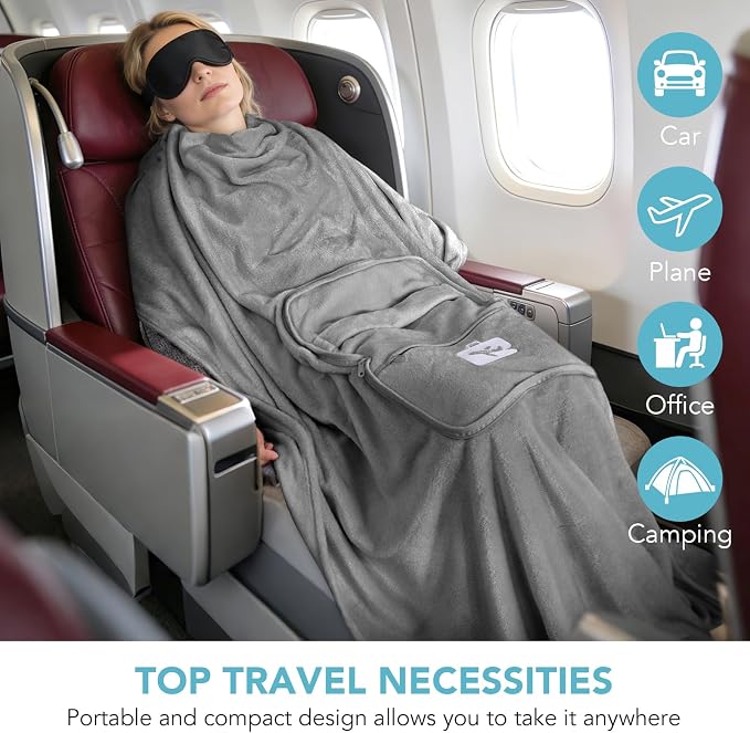 Travel Pillow and Blanket 2-in-1 Airplane Pillow Grey 60x50 Inch | Plane Packable, Airplane Travel Essentials, Soft Warm Lightweight Flannel Blanket Compo, Hand Luggage Sleeve&Backpack Clip - Image 5