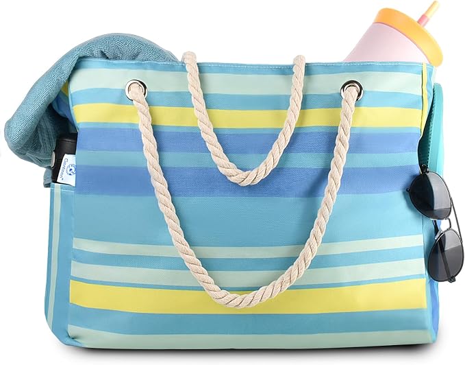 Genteen Beach Bag for Women, Large Waterproof Sandproof Beach Tote with Zipper Pocket, Solid for Travel Pool by Genteen
