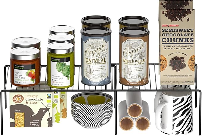 Kitchen Cabinet Expandable Shelf Organizers Set of 2, Adjustable Metal Wire Pantry Storage Shelves, Plate Dish Organizer Rack for Cabinets, Cupboard, Counter, Freezer, Countertop, Black - Image 8