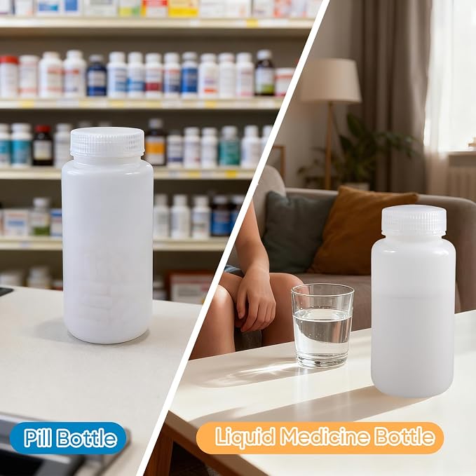 DEMORA 16 oz Plastic Bottles with Lids, Airtight Refillable Wide Mouth Travel Bottles for Toiletries, HDPE Food Grade Plastic Containers for Liquids Pill Water Sample Lab Reagent (Translucent, 2 Pcs) - Image 3