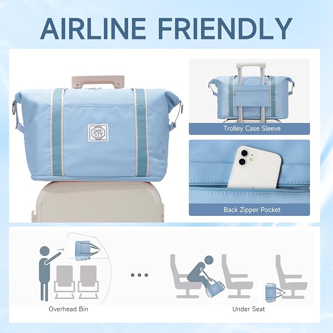 WALNEW Travel Duffel Bag, Weekender Bag for Women, Light Blue | Overnight Carry On Bag, Foldable Waterproof Gym Luggage with Metal Buckle Detachable Shoulder Strap and Wet Compartment - Image 5
