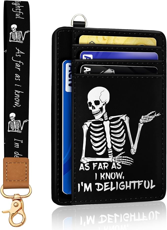 Yonlevres Skeleton Credit Card Holder Slim RFID Wallet Women Wristlet Funny | Front Pocket, Handy, RFID Blocking, Woman Girls Ladies Gifts, D-ring for Keychain,Thin Mini Card Case, ID Window, PU Leather by Yonlevres