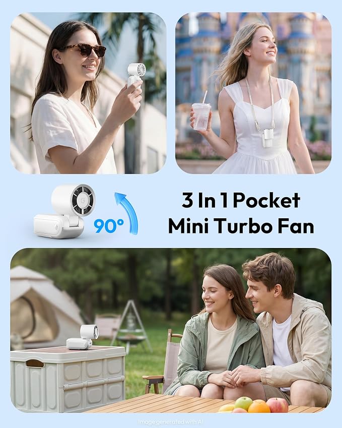 Gaiatop Portable Mini Fan Handheld, 3-in-1 Foldable Pocket Fan, Up to 15H | Personal Small Hand Fan, 6-Speed Turbo Cooling, USB Rechargeable, Outdoor Travel Essentials, Gifts for Women Men Teens, White - Image 2